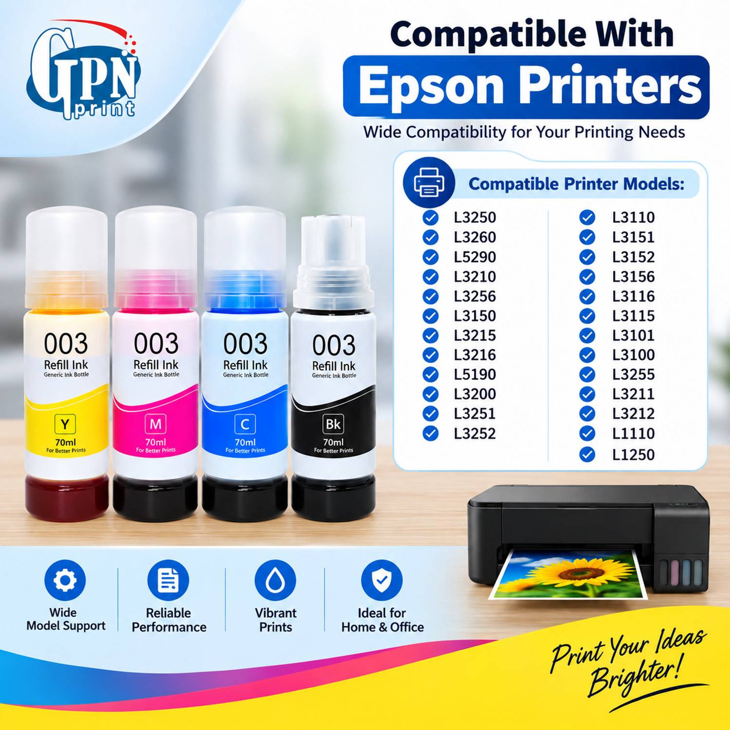 GPN PRINT 003 Ink for L3110, L3150, L3250, Black + Tri Color - Image 2