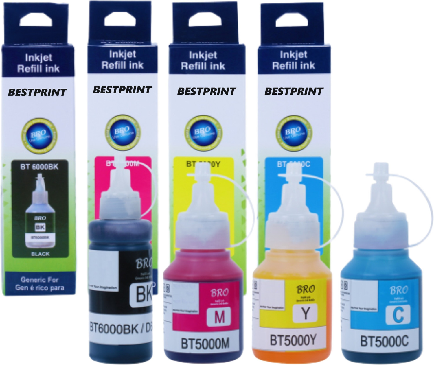 Image of BESTPRINT Ink For BROTHER DCP T300, T310W, T500W, T510W, T700W, T710W, T800W, T810W Black + Tri Color Combo Pack Ink Bottle