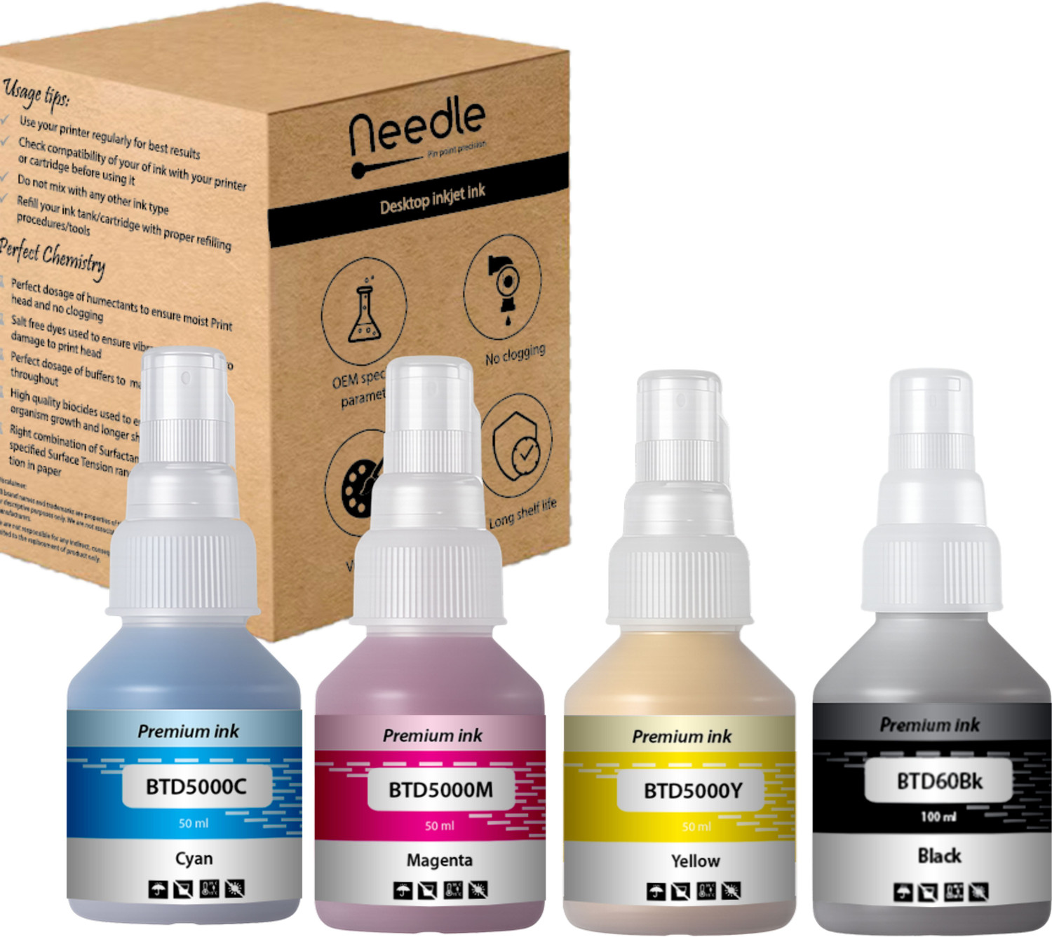 Image of Needle BTD60 /BT5000 for DCP-T310 T220 T420 T510 T520 T700 T4000W Printers 50+100ml each Black + Tri Color Combo Pack Ink Bottle