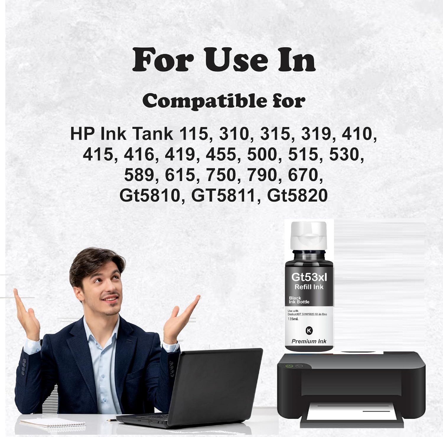 Image of canoff GT53XL Refill Ink Compatible For H,P, Deskjet GT5810 GT5820 Printer Black Ink Bottle