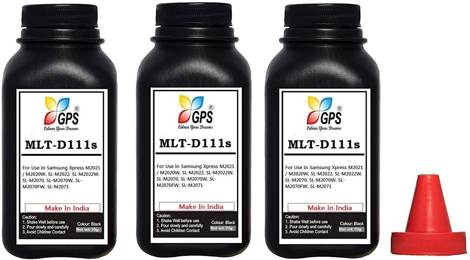 Black MLT-D111s / D111 Refill Toner Powder For Use In Samsung Xpress M2021 / M2020W, SL-M2022, SL-M2022W, SL-M2070, SL-M2070W, SL-M2070FW, SL-M2071 ( Pack Of 3 Bottle with Nozlle 70gms Each . Black Ink Toner Powder