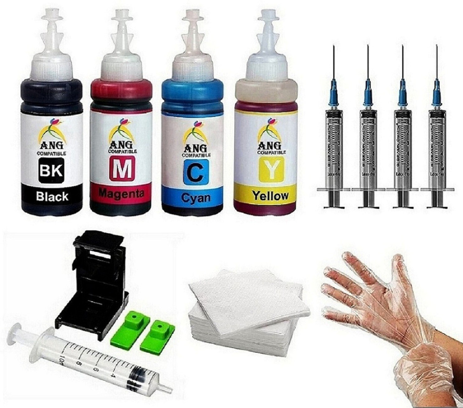 Image of Ang 805 cartridge Refill for HP printer 1210, 1211, 1212, 1213, 2330, 2331, 2332 Black + Tri Color Combo Pack Ink Bottle