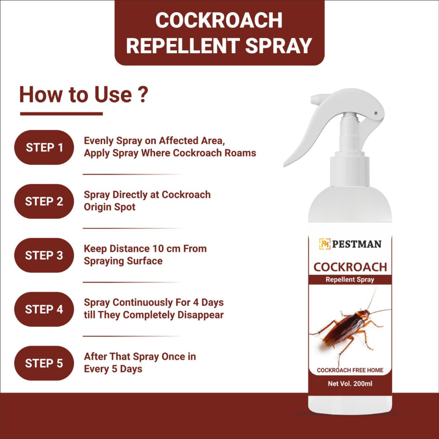 Image of pestman Cockroach Repellent Spray For Home, Natural, Non-Toxic, 100% Herbal & Effective