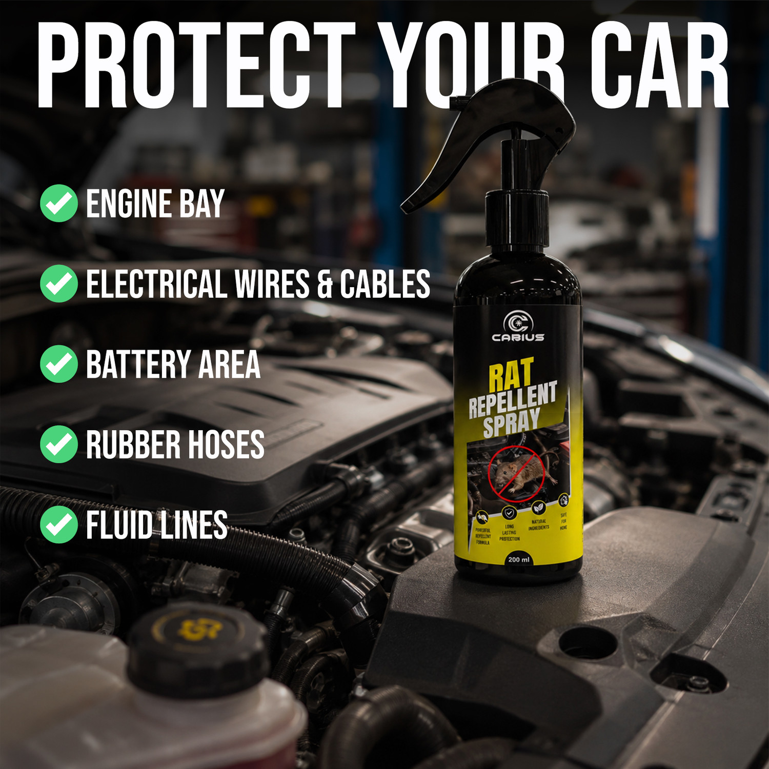 Image of CABIUS Natural Rat Repellent Spray for Cars | Rodent Protection for Engine Wires