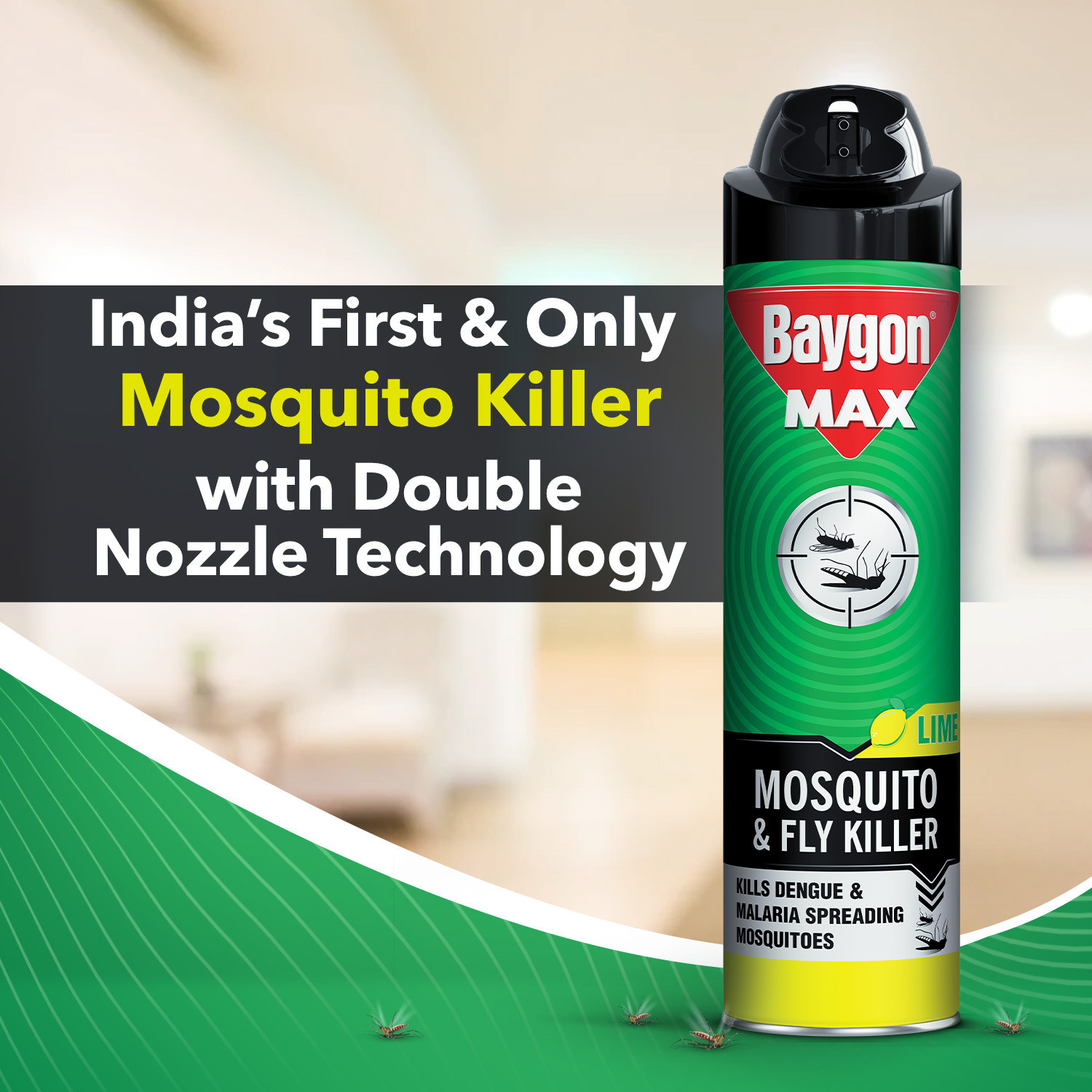 Image of Baygon Max Mosquito & Fly Killer Spray, Lime, Kills Dengue Malaria Mosquitoes Instantly