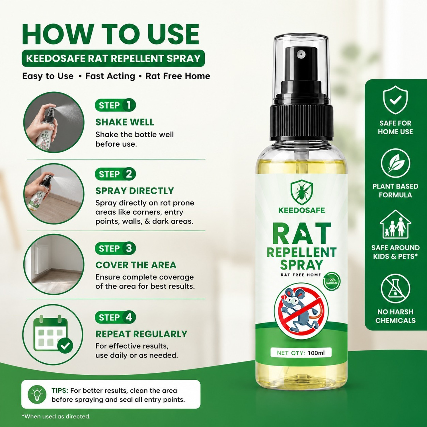 Image of KEEDOSAFE Anti Rat Repellent Spray 100ml | rat control spray for Home & Car | Ready to Use