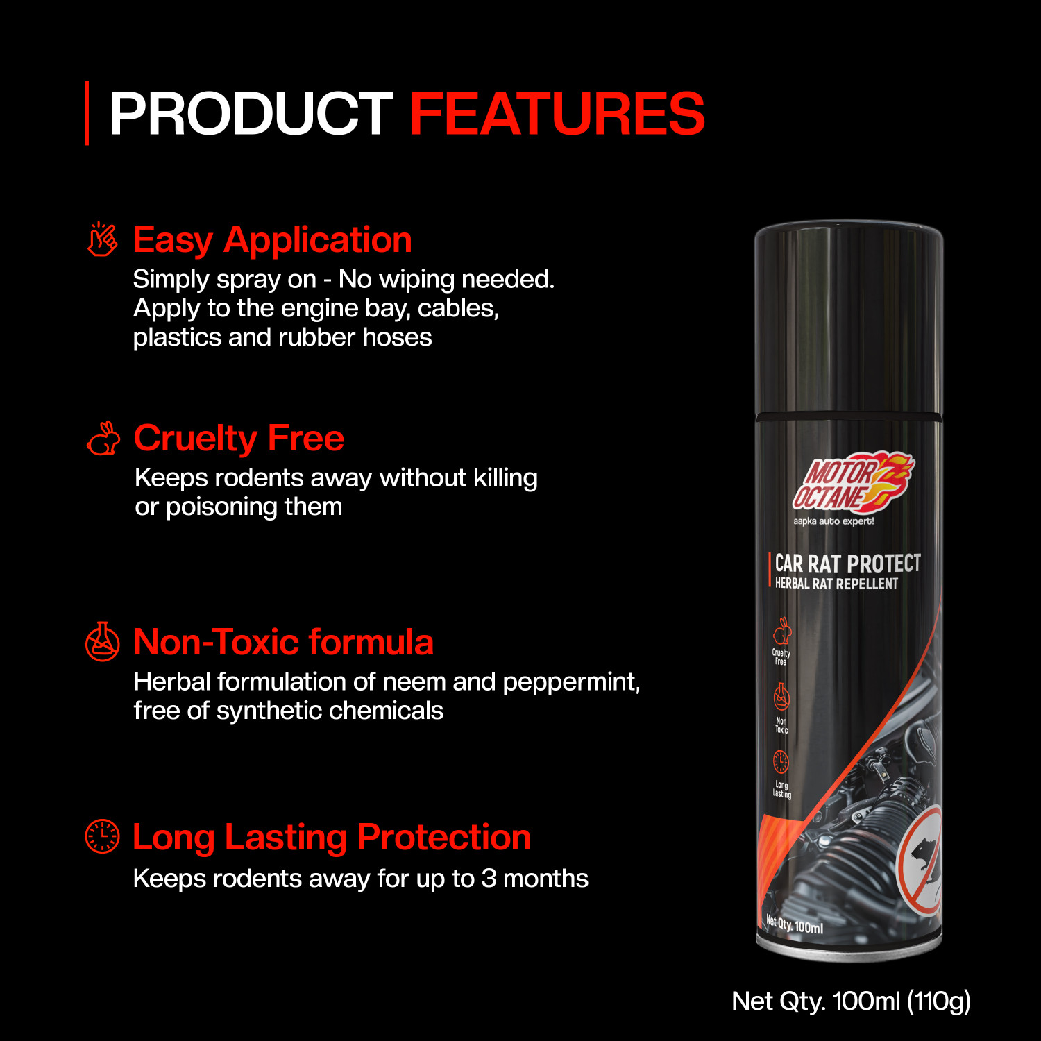 Image of MOTOROCTANE Car Rat Protect Spray for Engine Bay, Cables & Rubber Hoses, Electrical Wiring