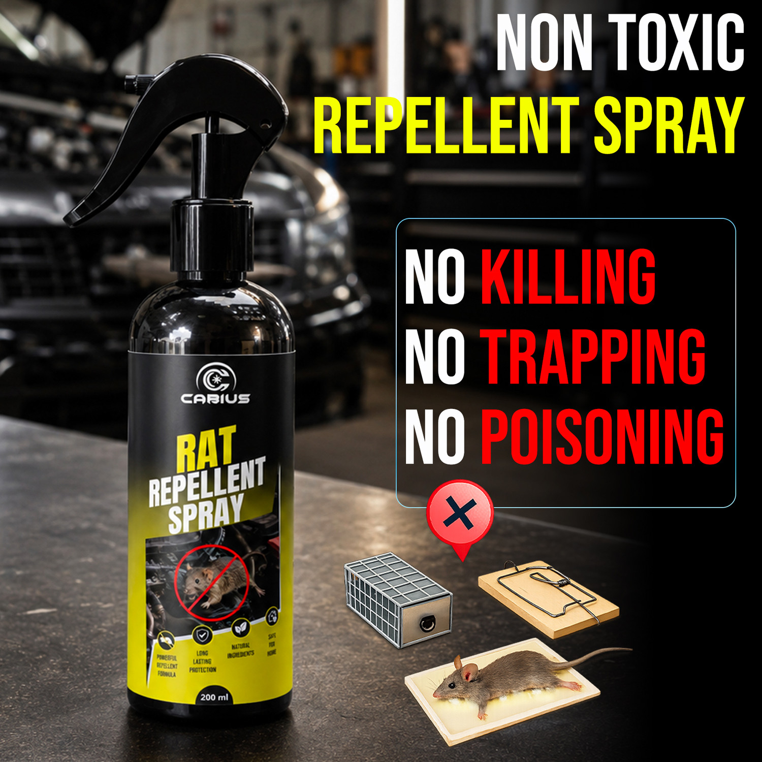 Image of CABIUS Natural Rat Repellent Spray for Cars | Rodent Protection for Engine Wires