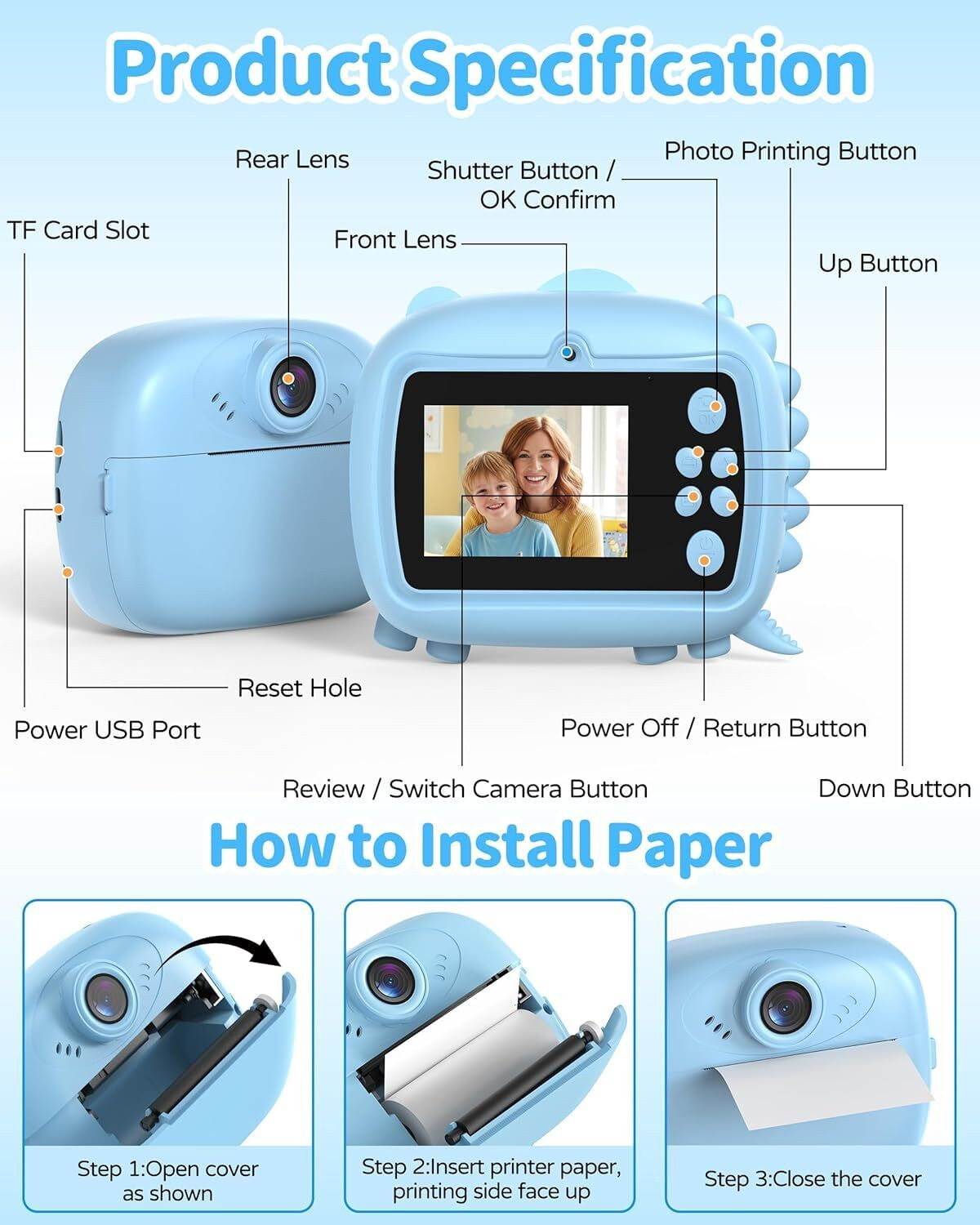 Image of PhotoMax Digital Camera Kids Print Camera Instant Photo One Click Selfie HD Digital Camera Sports and Action Camera