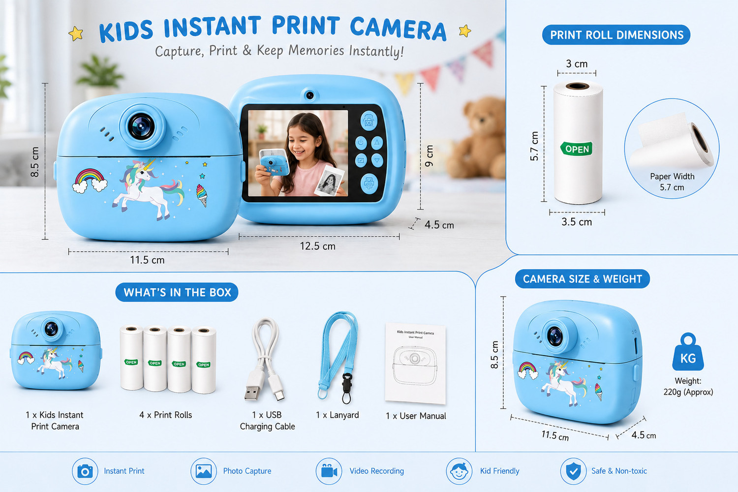 Image of Zuigo DIY instant photo printer cemera Instant Photo Printer Camera for Kids, Boys & Girls BLUE colour - Instant Camera