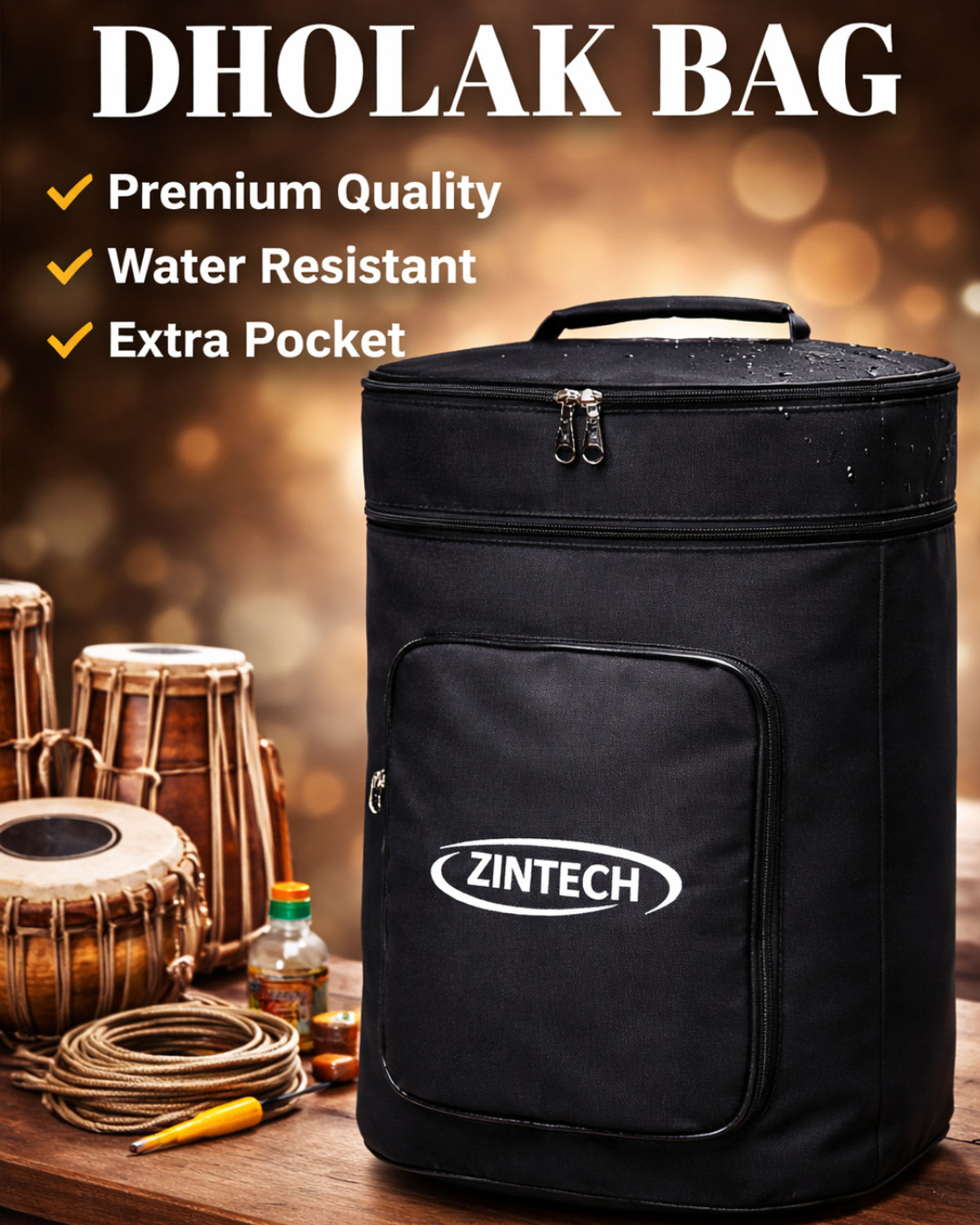Image of Zintech Dholak Bag - Padded Protective Soft Case with Strong Zipper and Shoulder Strap Drum Bag