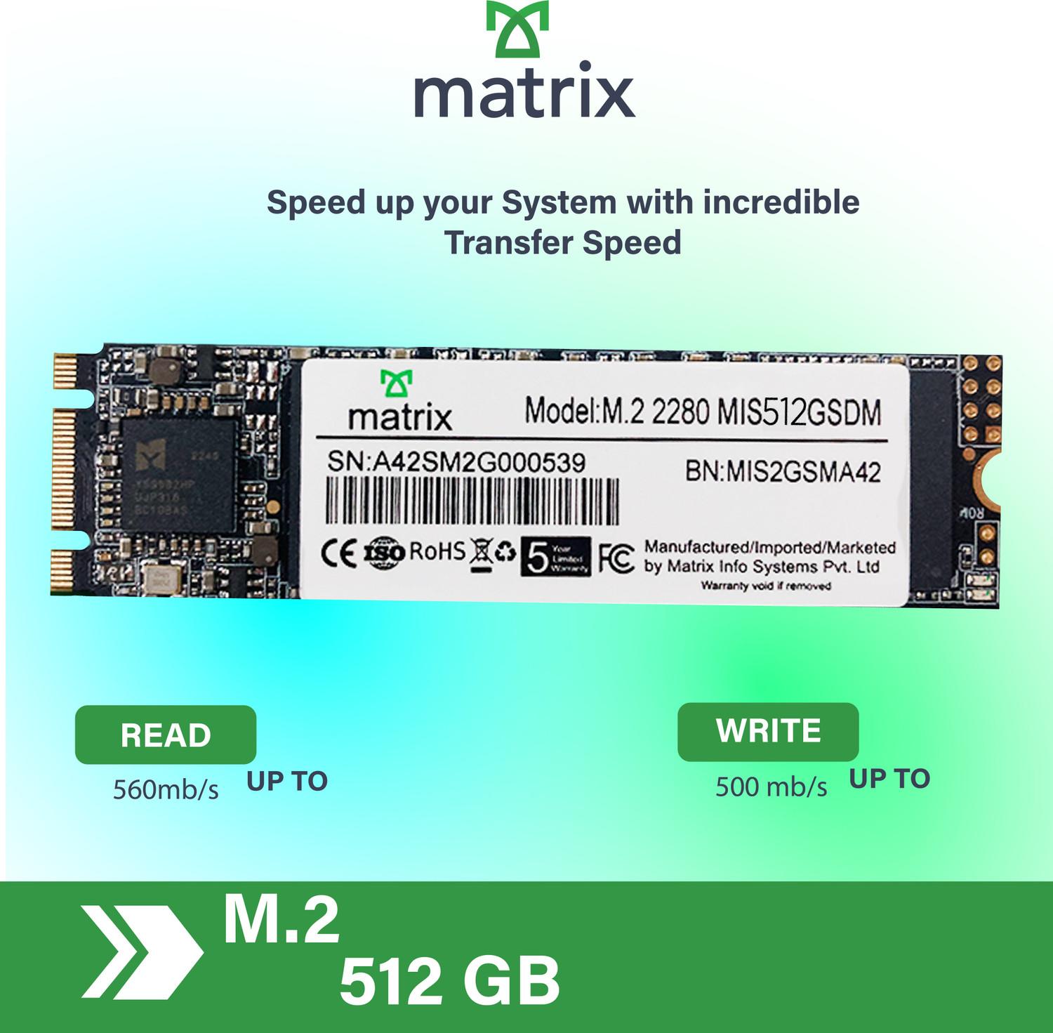 Image of MATRIX M.2 SOLID STATE DRIVE 512 GB Desktop, Laptop Multicolor M.2 Internal Solid State Drive (SSD) (XS00M00512)