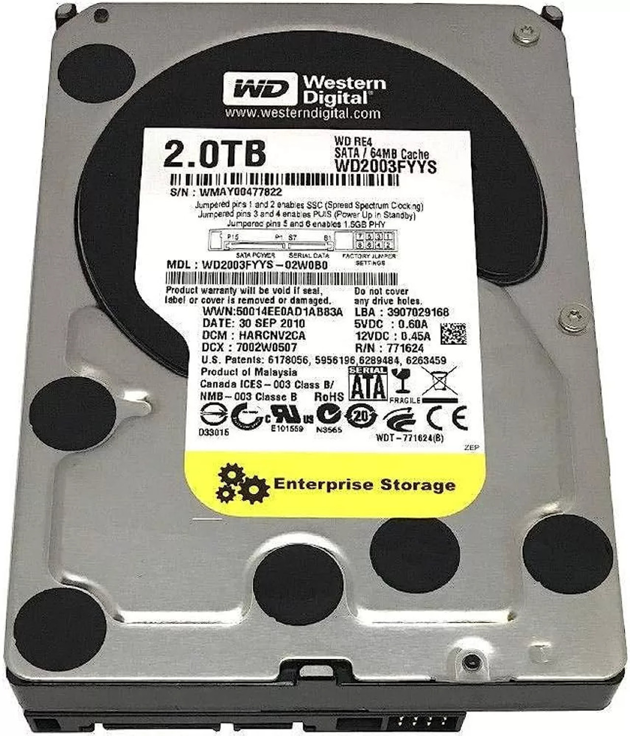 Image of Western Digtal RE4 2 TB Desktop, Surveillance Systems, Network Attached Storage, Servers, All in One PC's Silver SAS Internal Hard Disk Drive (HDD) (WD2001FYYG)
