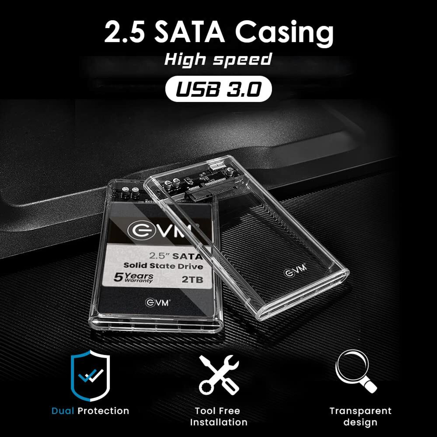 Image of EVM 2.5 SATA Casing High speed USB 3.0 2.5 inch Shock Resistant Internal Hard Drive Enclosure