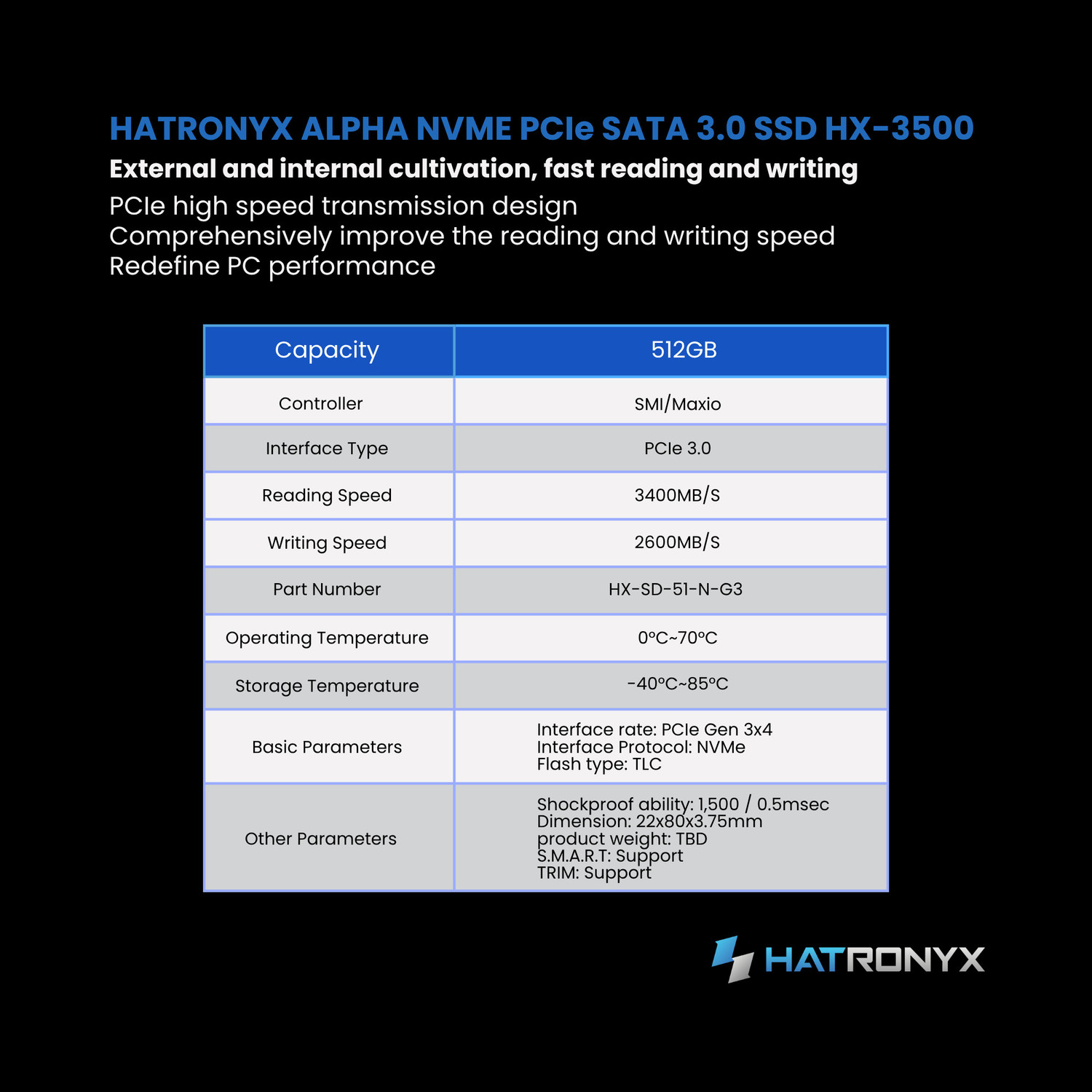 Image of hatronyx HX-3500 ALPHA 512 GB All in One PC's, Desktop, Laptop, Network Attached Storage Black PCIe NVMe Internal Solid State Drive (SSD) (HX-SD-51-N-G3)