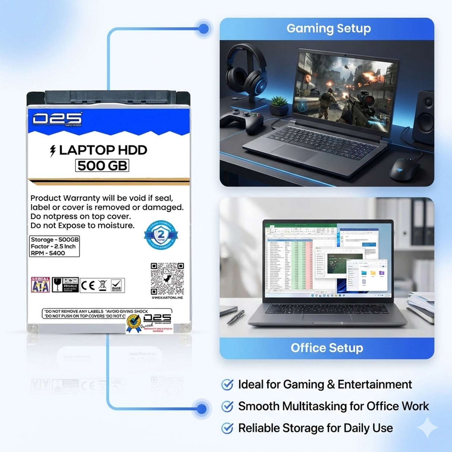 Image of D25 Video 500GB Laptop Hard Drive 2.5 Inch SATA 5400 RPM HDD 500 GB Laptop Blue SATA Internal Hard Disk Drive (HDD) (Internal Hard Disk for Laptop | High Speed Data Transfer | 2 Years Warranty)