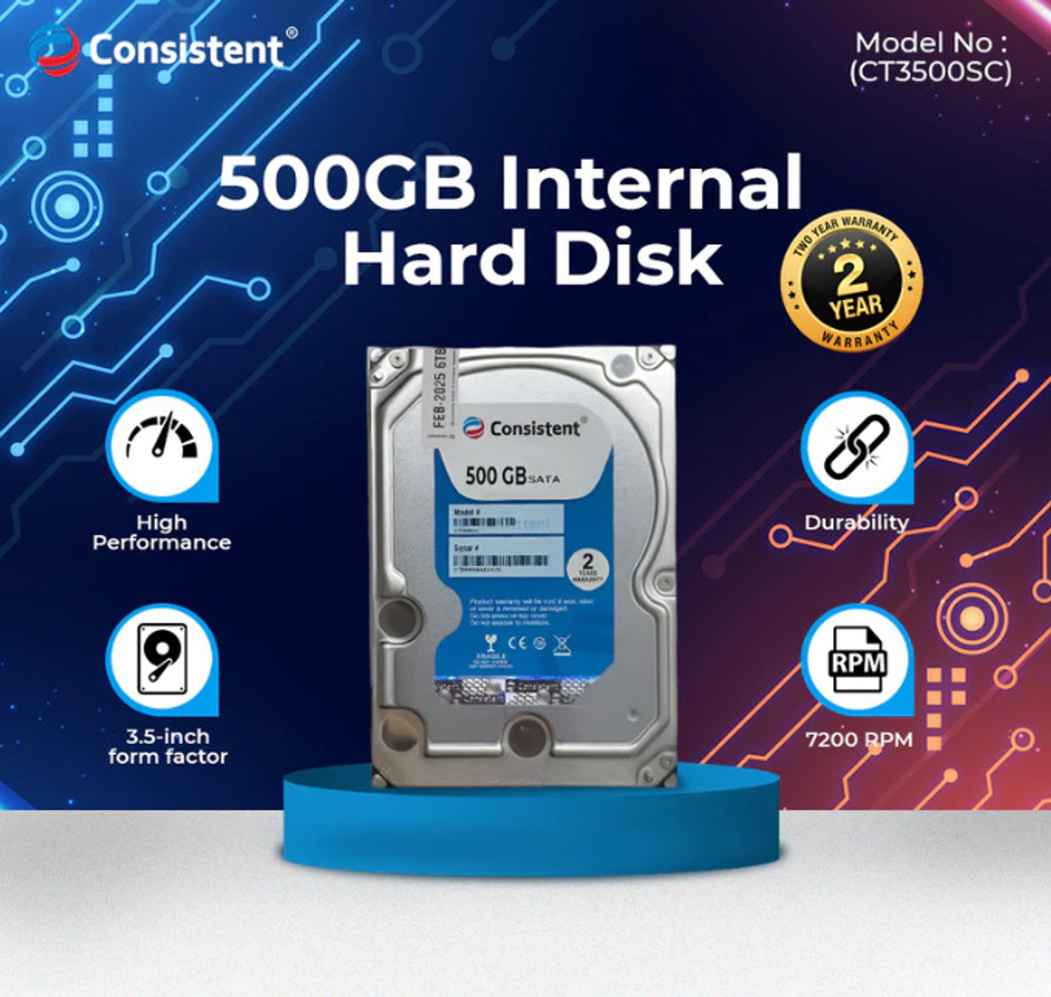 Image of Consitence Desktop 500 GB Surveillance Systems, Desktop, Network Attached Storage, Servers 1 SATA Internal Hard Disk Drive (HDD) (CT3500SC)