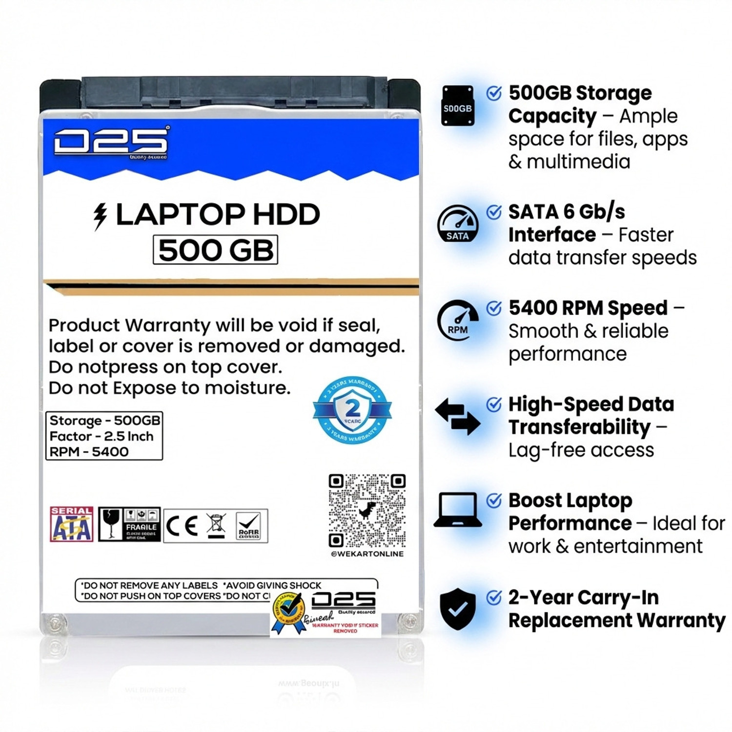 Image of D25 Video 500GB Laptop Hard Drive 2.5 Inch SATA 5400 RPM HDD 500 GB Laptop Blue SATA Internal Hard Disk Drive (HDD) (Internal Hard Disk for Laptop | High Speed Data Transfer | 2 Years Warranty)