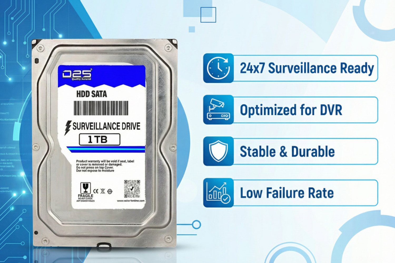 Image of D25 1TB Internal Hard Disk for CCTV DVR | 3.5 Inch SATA Surveillance HDD 1 TB Surveillance Systems Silver SATA Internal Hard Disk Drive (HDD) (24x7 Continuous Recording | Designed for CCTV DVR Systems | 2 Years Warranty)