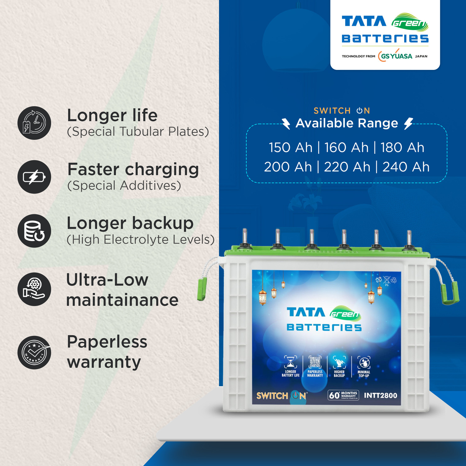 Image of Tata Green Batteries 60 Months Warranty Tubular Inverter Battery