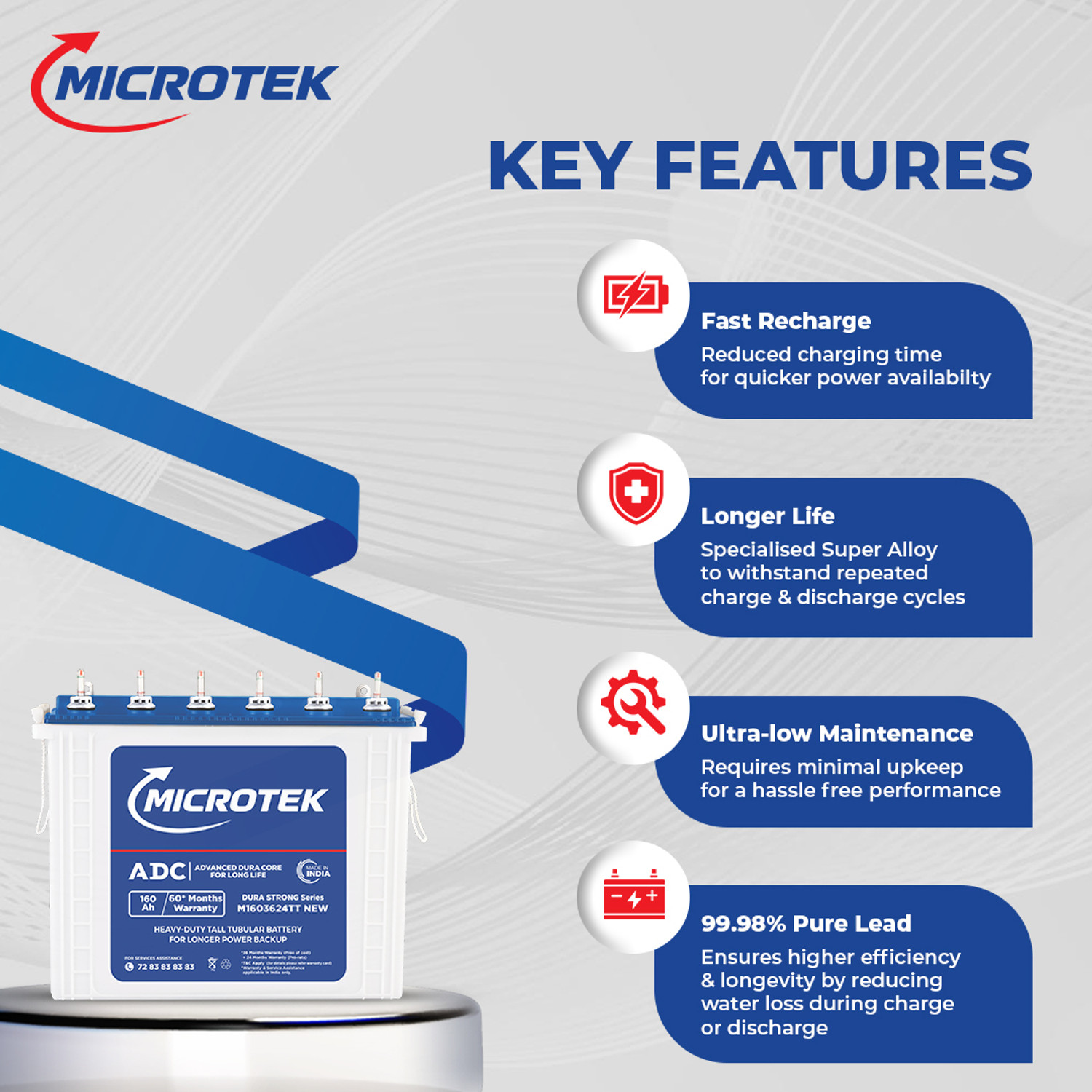 Image of Microtek Advanced Duracore Technology 12V Inverter Battery 60 Months Warranty Tall Tubular Inverter Battery