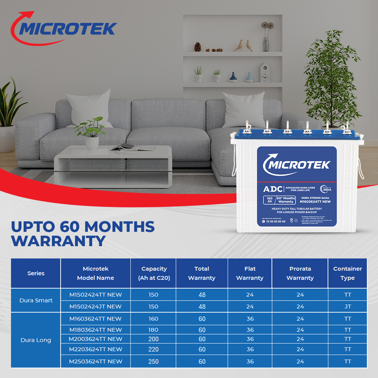Image of Microtek Advanced Duracore Technology 12V Inverter Battery 60 Months Warranty Tall Tubular Inverter Battery