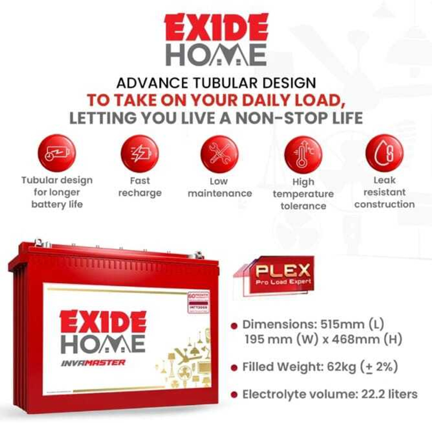Image of EXIDE 60 Months Warranty Flooded Single Cell Inverter Battery