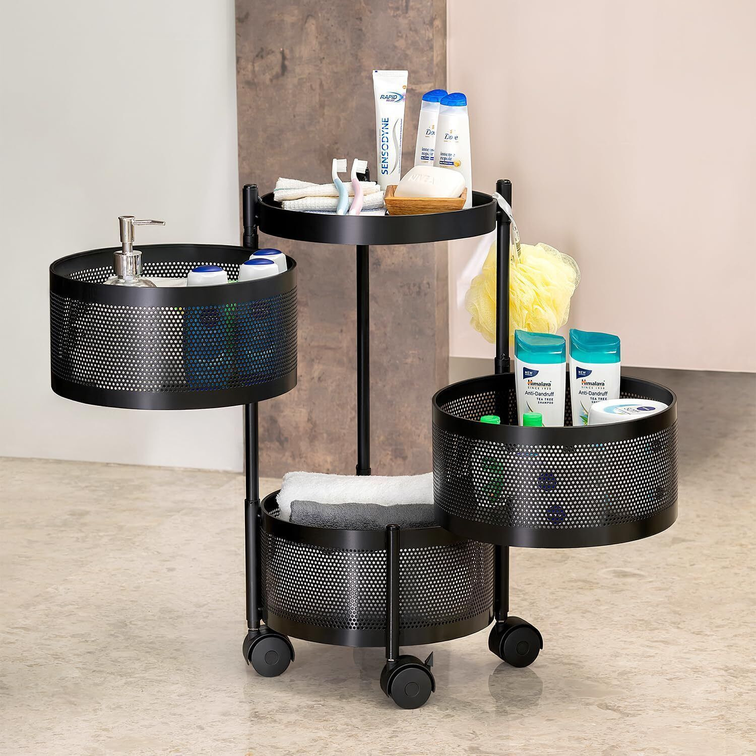 Image of VR 3 Layer Black Round Kitchen Trolley Iron Kitchen Trolley
