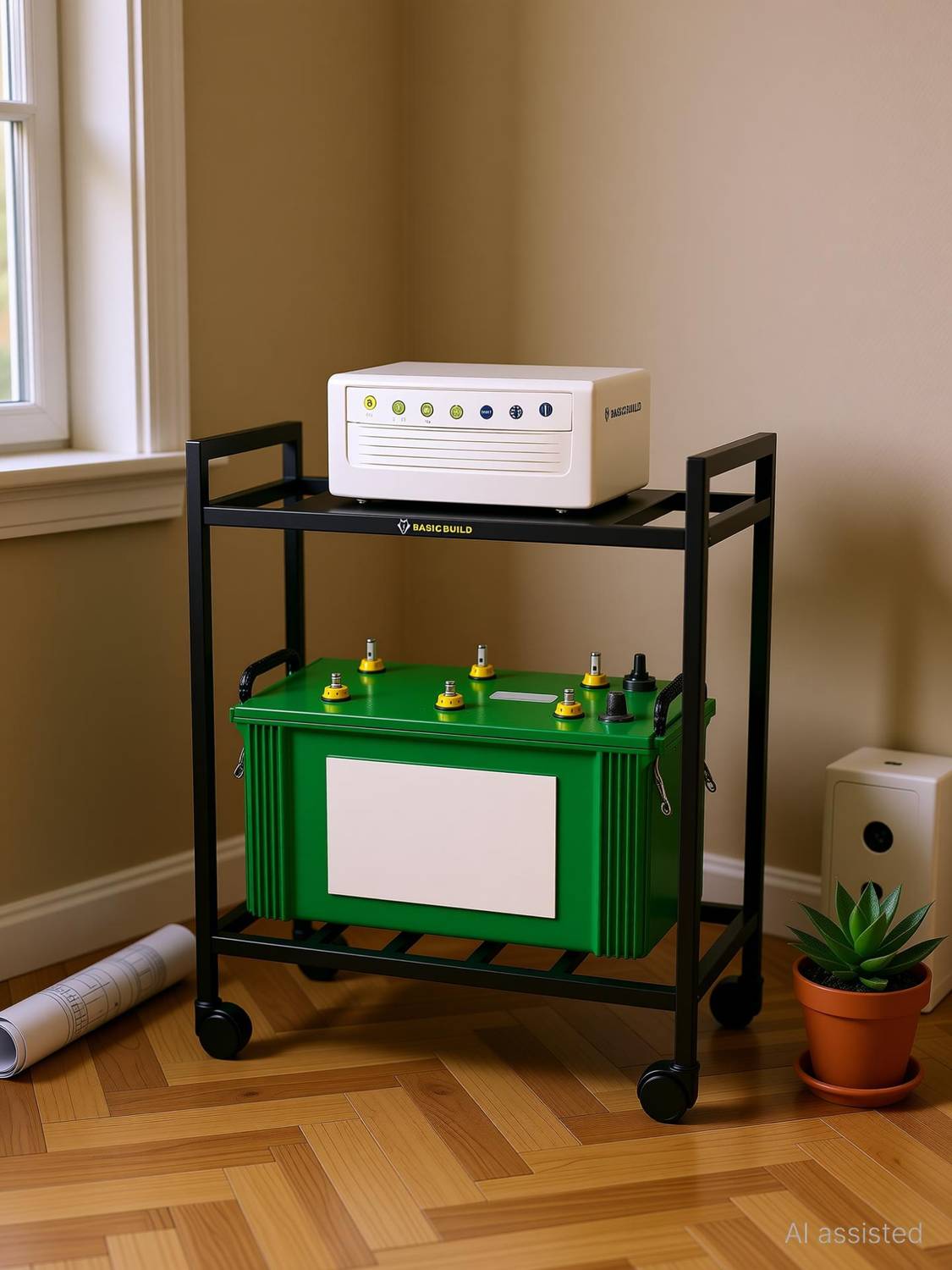 basic build Heavy Duty Metal Inverter Stand with Wheels Strong & Durable Trolley for Inverter and Battery
