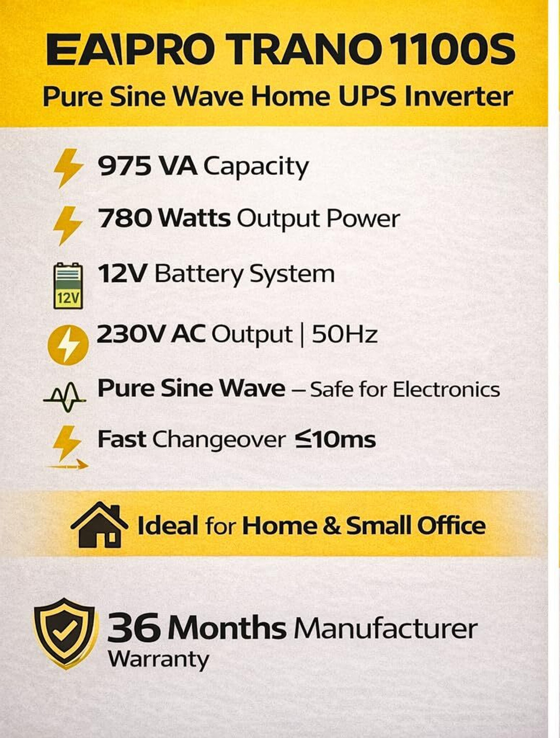 Image of eapro TRANO 1100S TRANO 1100S with 36 Months Warranty Solar Compatible Pure Sine Wave Inverter (950 VA)