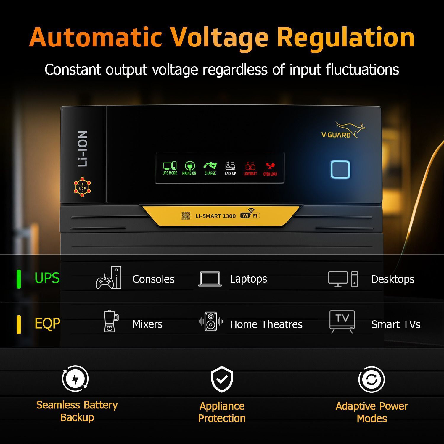 Image of V-Guard Li-Smart 1300 Inverter with In-Built Li-ion Battery & App Control Li-Smart with 5 Year Warranty Pure Sine Wave Inverter