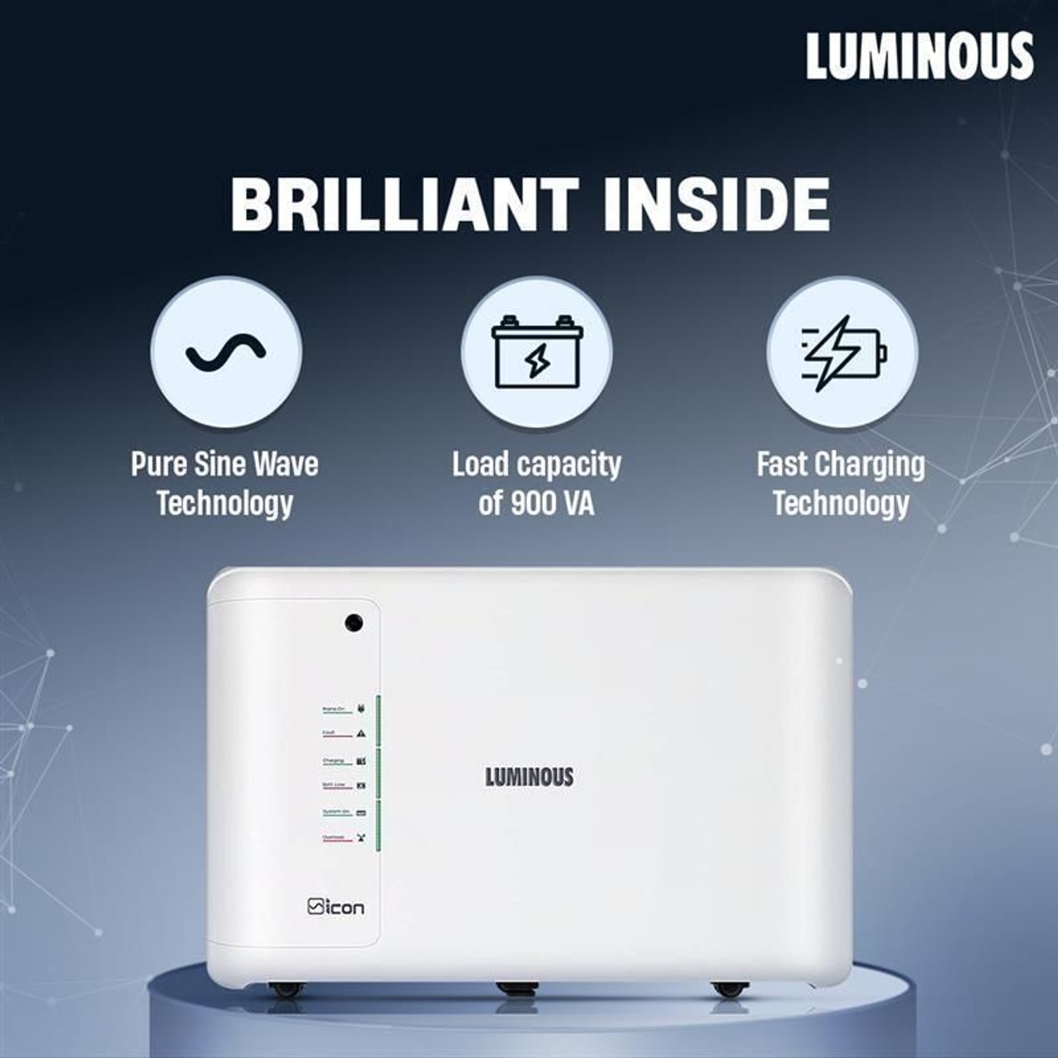 Image of LUMINOUS with iCon 1100 for Home & Office RC 25000 Tall Tubular Battery with 24 Months Warranty Pure Sine Wave Inverter