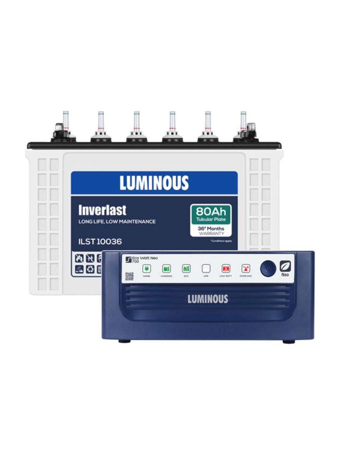 LUMINOUS Luminous ILST10036 80ah 36 Months Warranty with Eco Watt Neo 700 Inverter ILST10036 with Watt 700 INverter with 24 Months Warranty Pure Sine Wave Inverter