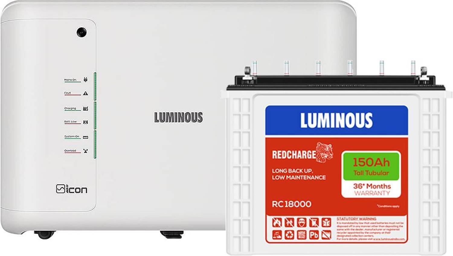 LUMINOUS iCon 1100 Pure Sine Wave Inverter with Red Charge RC 18000 150Ah Tall Pure Sine Wave Inverter