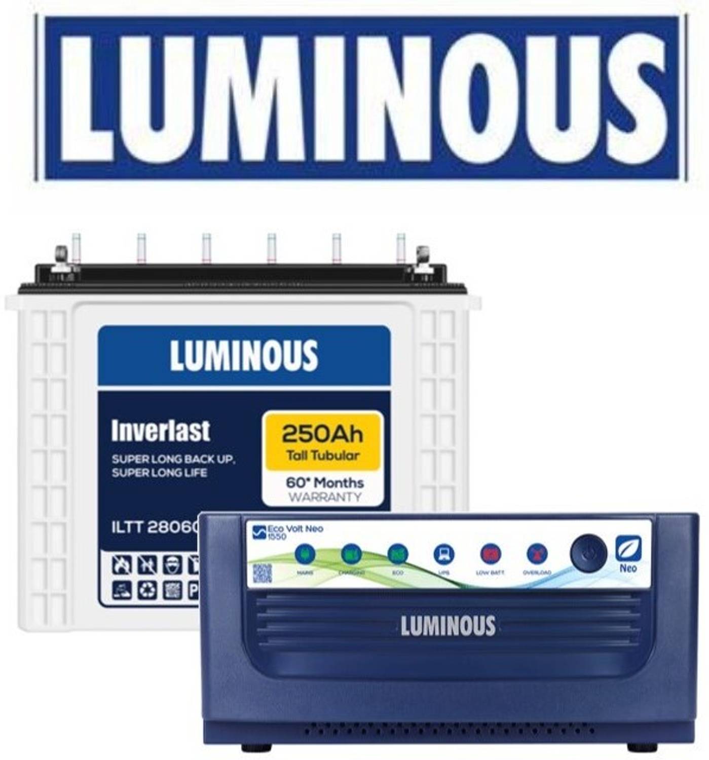 LUMINOUS Inverlast 250ah With 60 Months With Sine Wave inverter 1550 ILTT28060 and Eco Volt Neo 1550 with 60 Months Warranty Pure Sine Wave Inverter