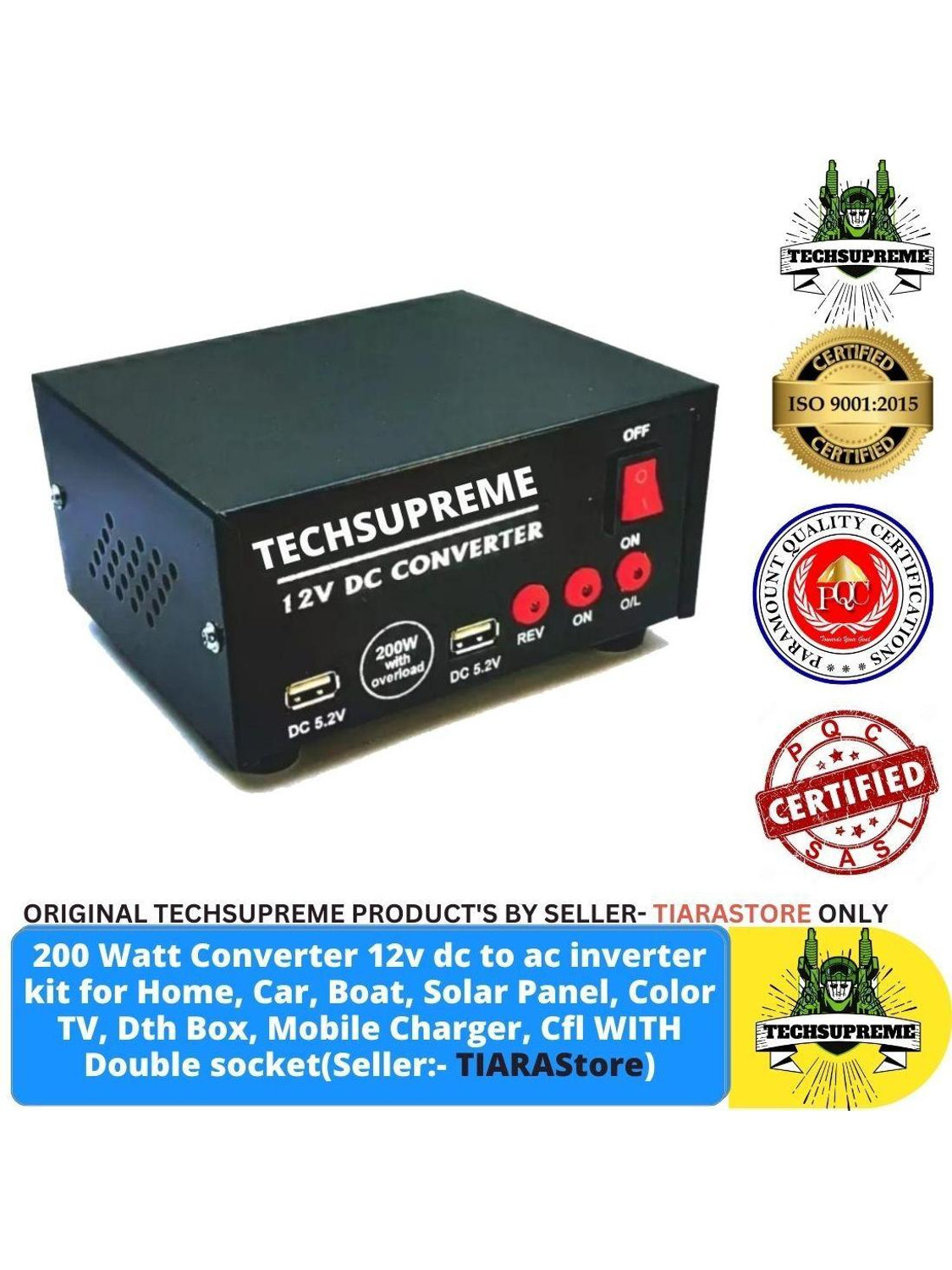 Image of TechSupreme 200W Mini DC to AC Converter with Dual USB & Double 5 Pin Socket output with 3 Months Warranty Solar Compatible Square Wave Inverter