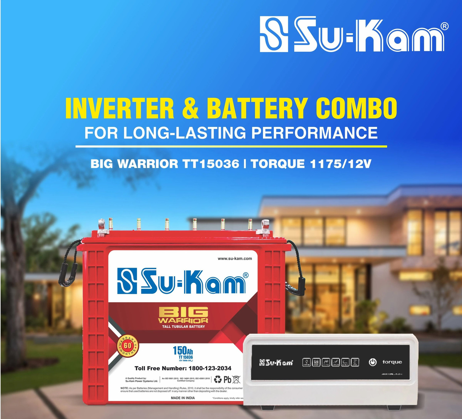 Image of Su-Kam Torque 1175 Inverter with Big Warrior TT15036 150Ah battery Torque 1175 /12V + TT15036 150Ah Battery with 60 Months Warranty Square Wave Inverter