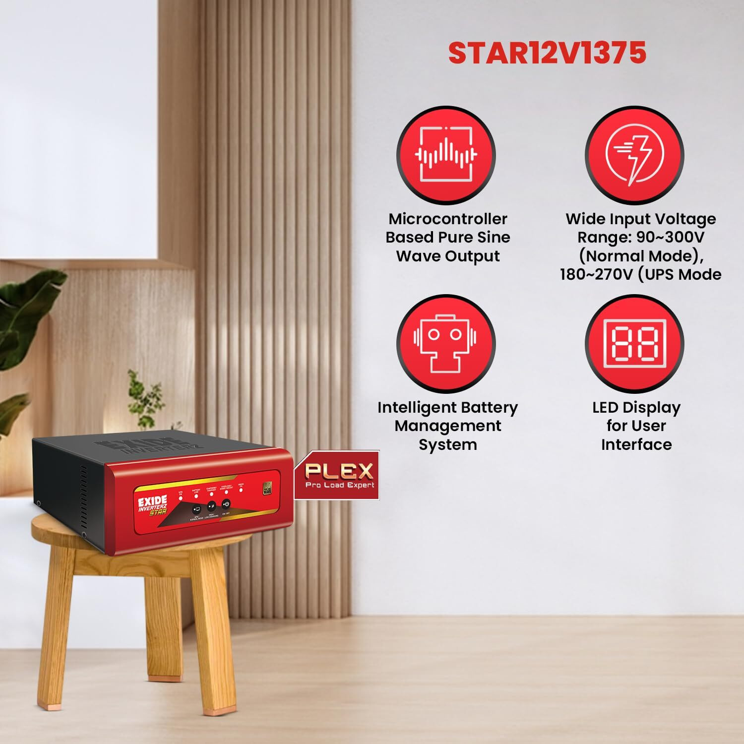 Image of EXIDE Star 1125 /12V Inverter with IMTT2000 200Ah Tall Tubular Battery with 3 Year Warranty Pure Sine Wave Inverter
