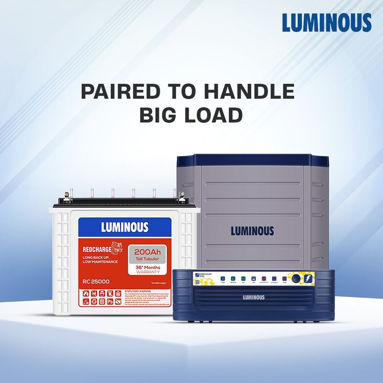 Image of LUMINOUS Hercules 1600 Square Wave Inverter, RC 25000 200Ah Battery with Trolley with 24 Months Warranty Square Wave Inverter