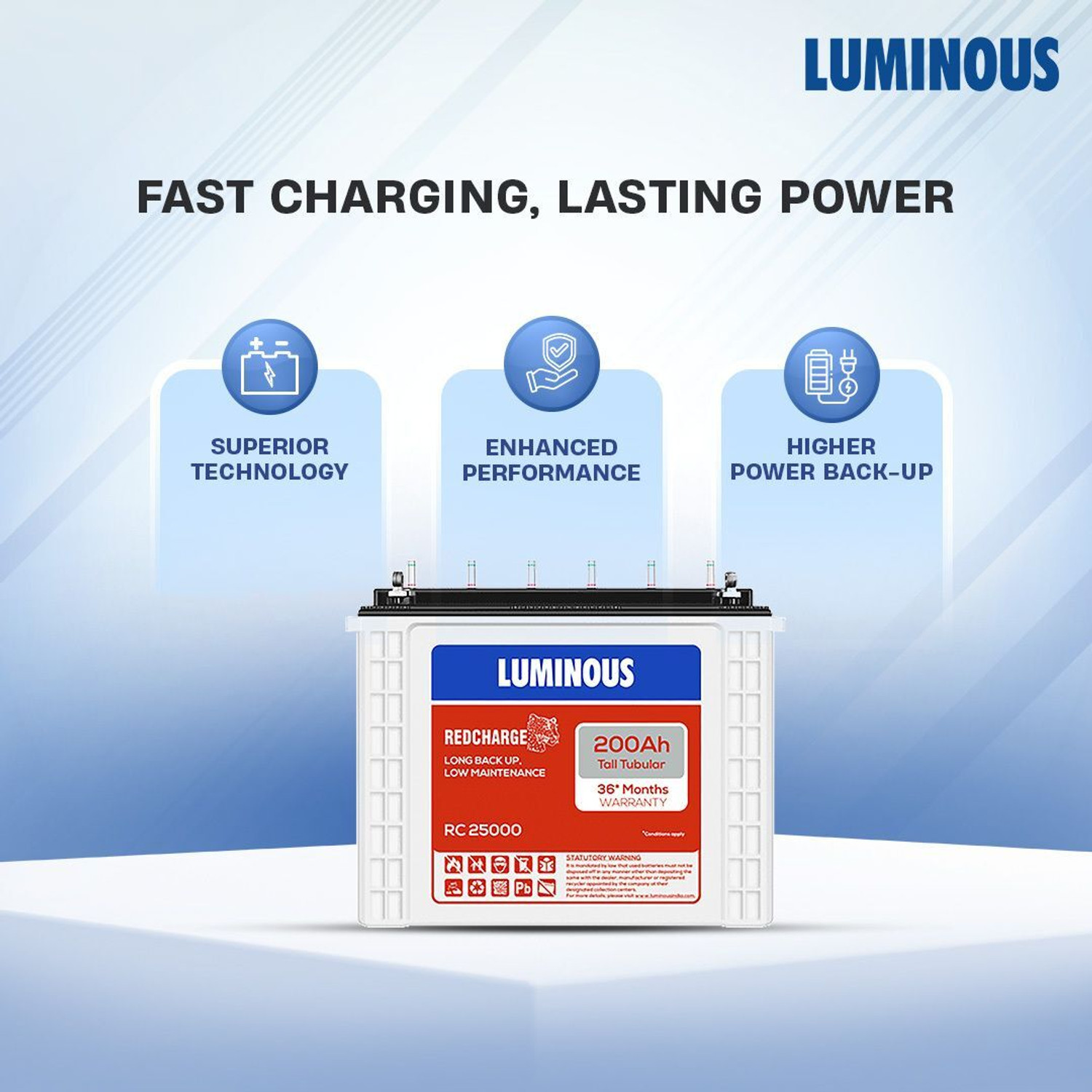 Image of LUMINOUS Hercules 1600 Square Wave Inverter, RC 25000 200Ah Battery with Trolley with 24 Months Warranty Square Wave Inverter