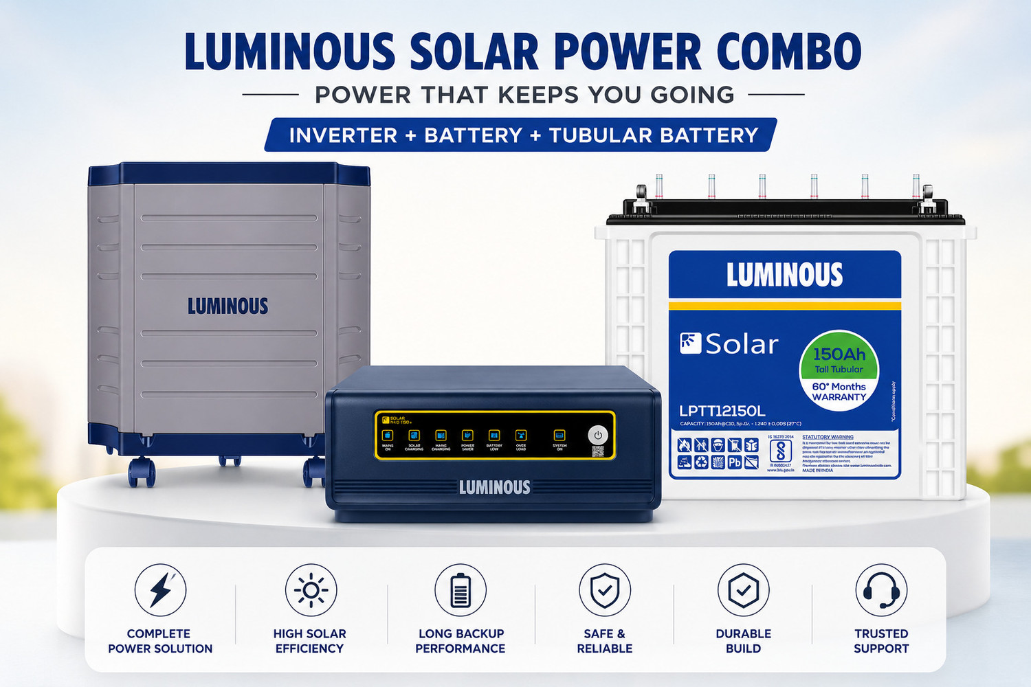 Image of LUMINOUS Solar Inverter Battery Solar NXG 1150E Inverter With 12150L 150Ah Solar Battery and Trolley with 3 Year Warranty Solar Compatible Pure Sine Wave Inverter