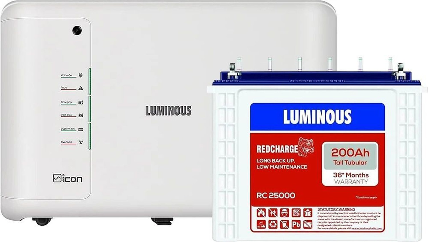 Image of LUMINOUS with iCon 1100 for Home & Office RC 25000 Tall Tubular Battery with 24 Months Warranty Pure Sine Wave Inverter
