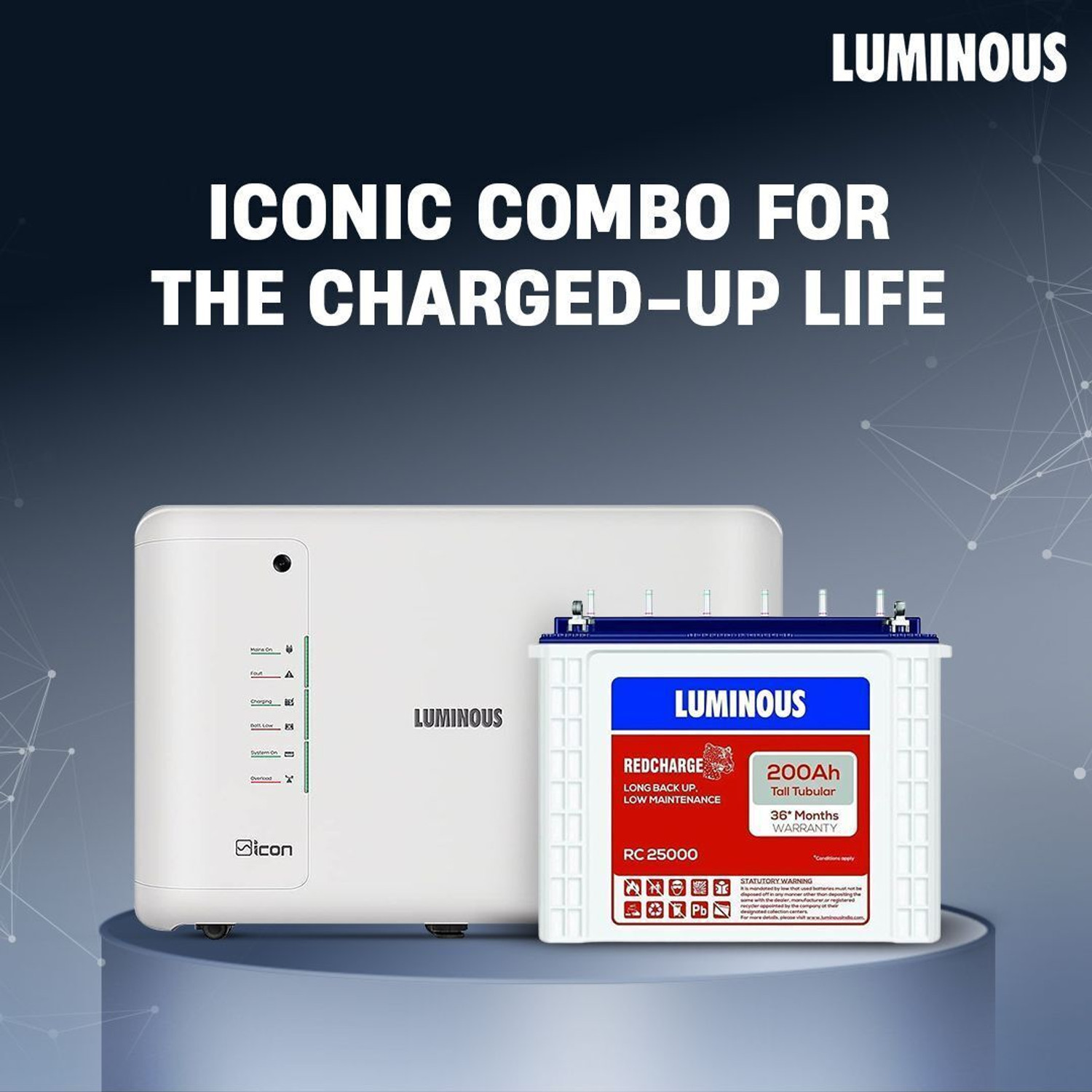 Image of LUMINOUS with iCon 1100 for Home & Office RC 25000 Tall Tubular Battery with 24 Months Warranty Pure Sine Wave Inverter