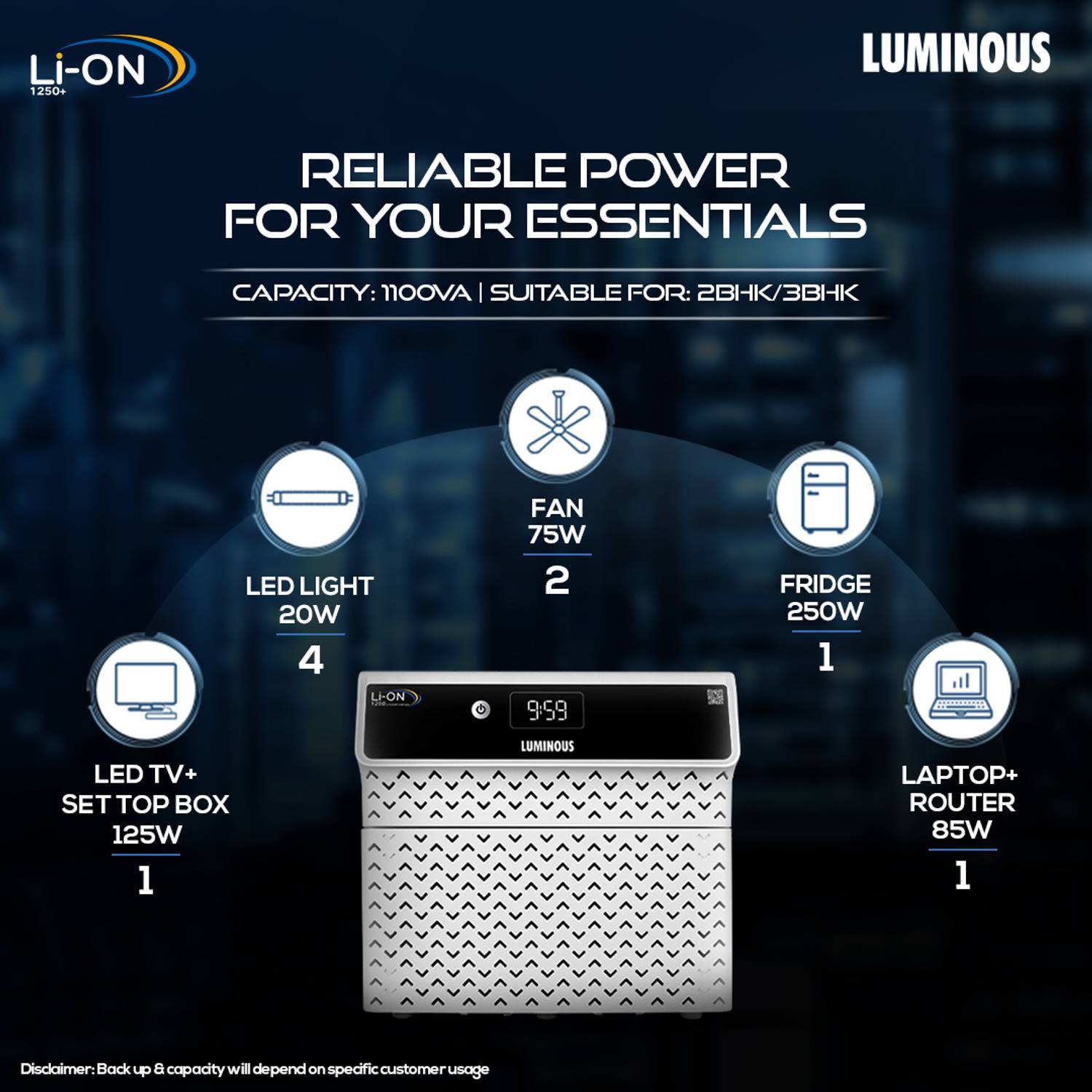 LUMINOUS Li-On 1250 1250/12.8V with 60 Months Warranty Pure Sine ... more