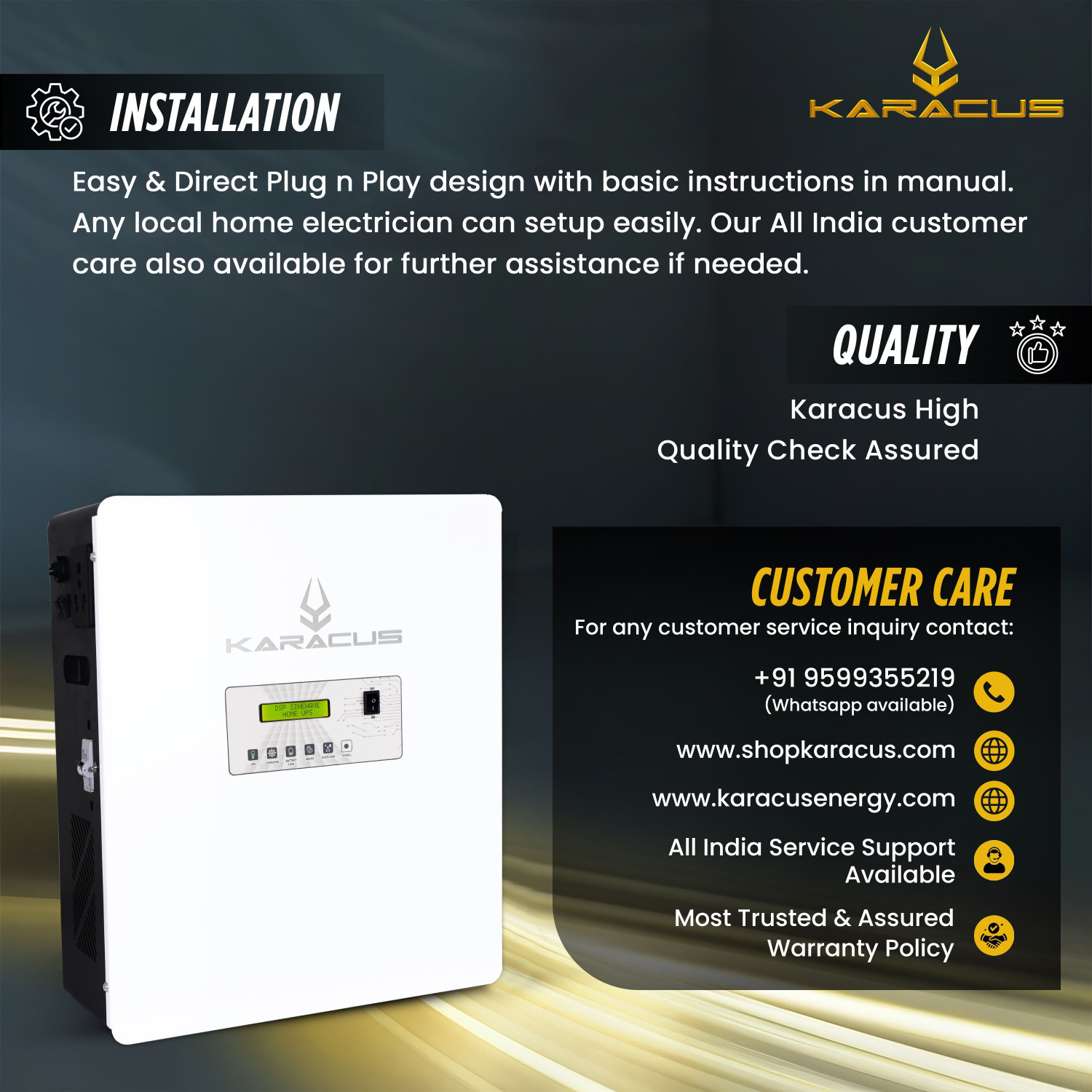 Image of karacus with A+ Grade 15 Year Lithium Battery Life Lithium Home Inverter 1000VA Wall Mounted A+ Grade 1344Wh Battery with 5 Year Warranty Pure Sine Wave Inverter