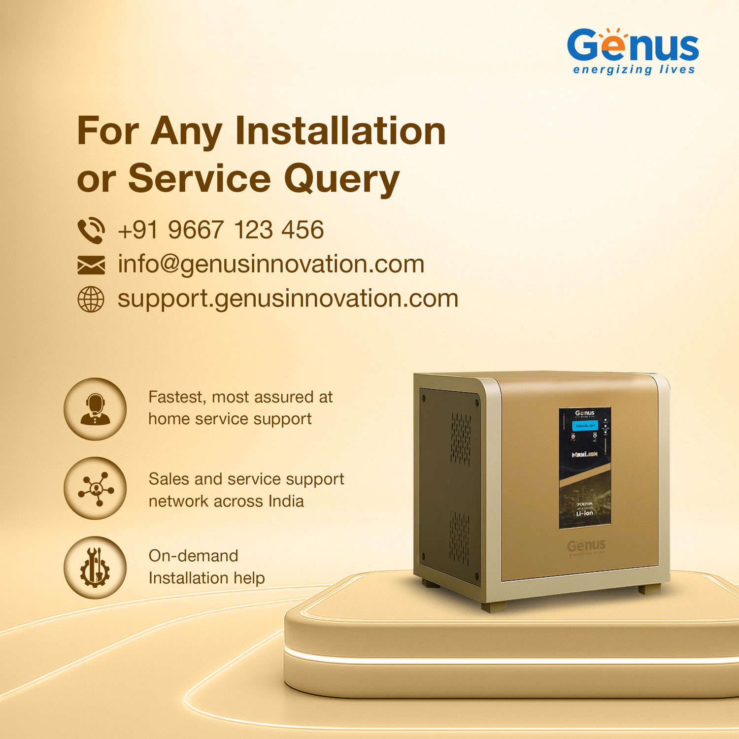 Image of Genus Maxilion Specially Build for 1 BHK Home 640WH Lithium Ion Battery Maxilion with 60 Months Warranty Pure Sine Wave Inverter