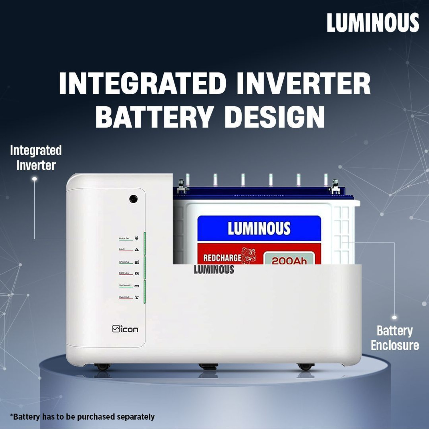 Image of LUMINOUS with iCon 1100 for Home & Office RC 25000 Tall Tubular Battery with 24 Months Warranty Pure Sine Wave Inverter