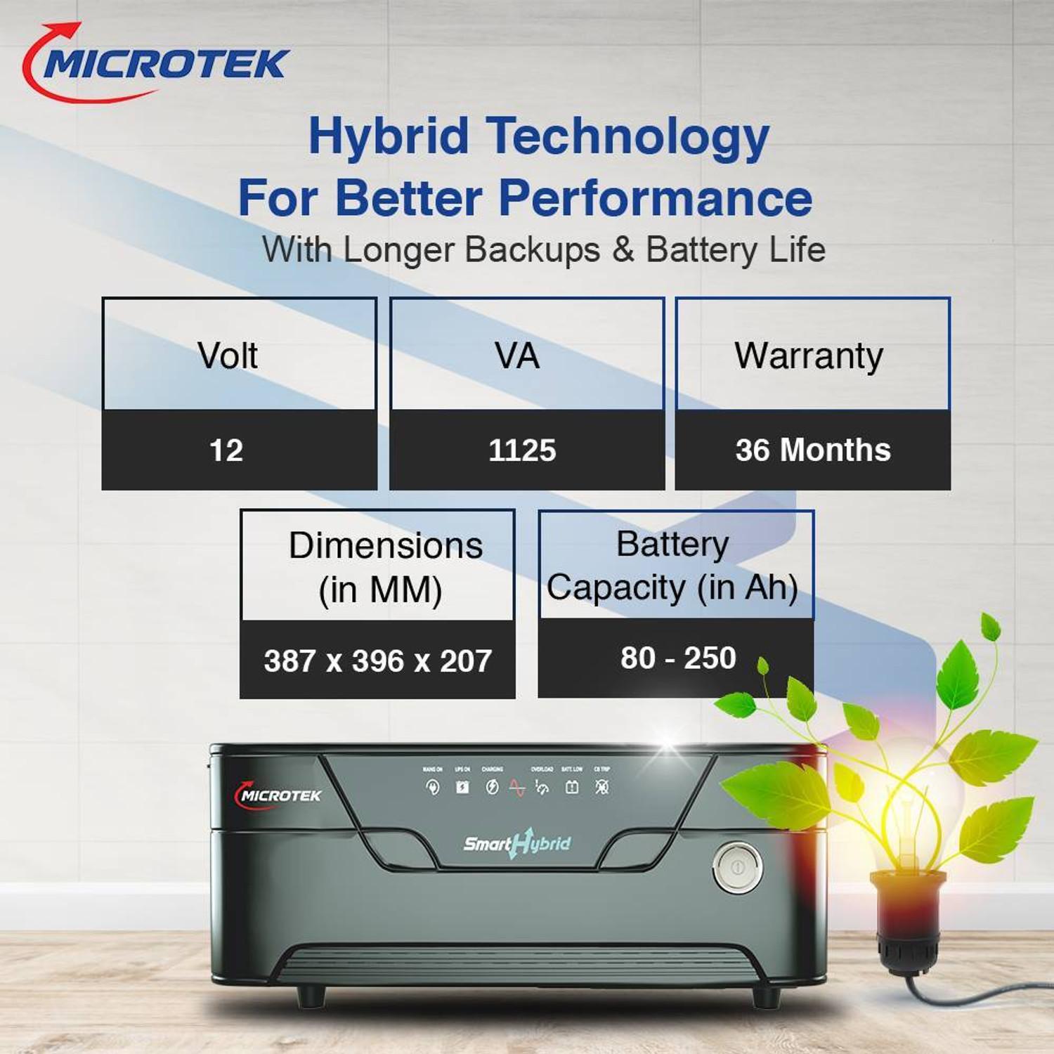 Image of Microtek SMART HYBRID UPS 1275 12V (UPS SMART HYBRID 1275 12V) with 3 Year Warranty Solar Compatible Pure Sine Wave Inverter