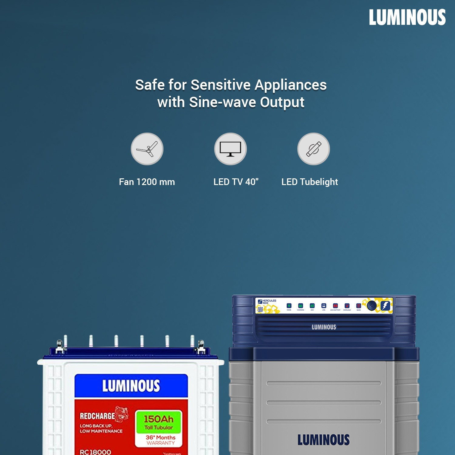 Image of LUMINOUS Hercules 1600 Square Wave Inverter, RC 18000 150Ah Battery with Trolley with 24 Months Warranty Square Wave Inverter