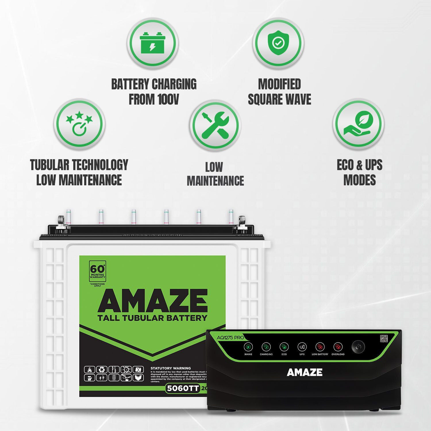 Image of AMAZE AQ1275+ Inverter With 5060TT 200Ah Battery and Trolley Battery Combo- AQ 1275 PRO Inverter with 5060TT 200Ah battery with 3 Year Warranty Square Wave Inverter